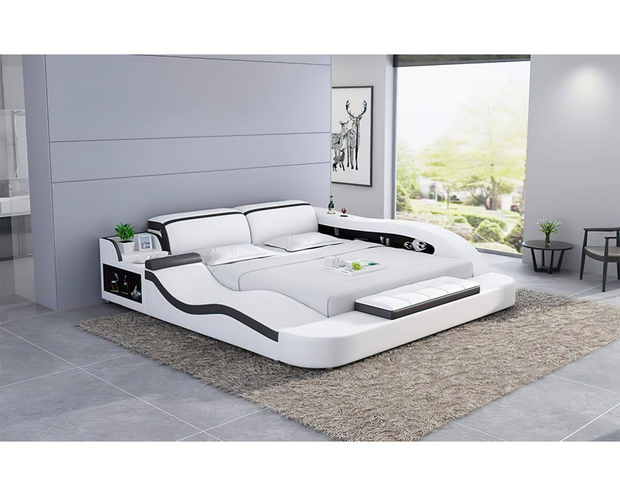 Jubilee Victor Multifunctional Queen Size Left Hand Facing Bed with Storage - White/Black, Top Grain Italian Leather