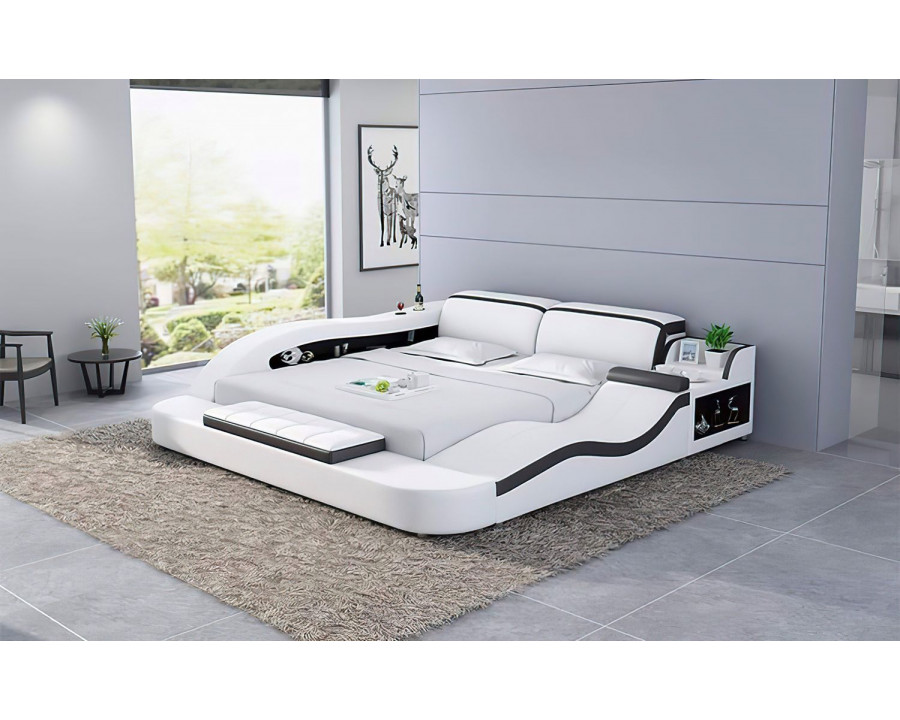 Jubilee Victor Multifunctional King Size Right Hand Facing Bed with Storage - White/Black, Top Grain Italian Leather