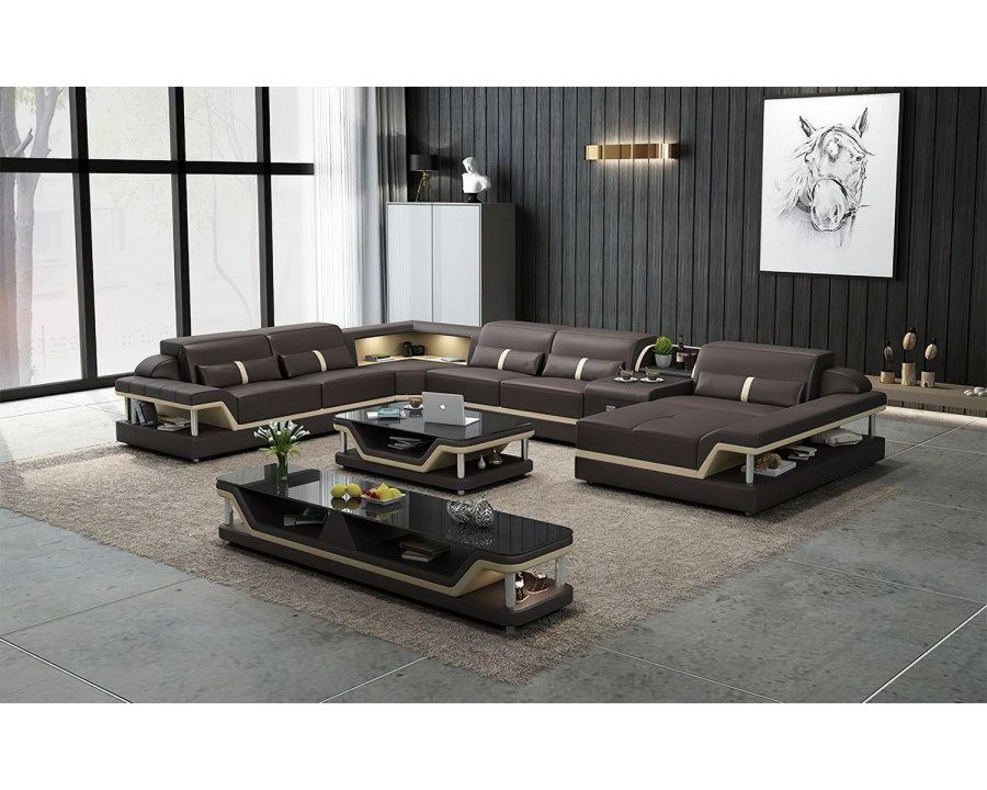 Jubilee Bewley Modern Right Hand Facing Sectional with Storage - Dark Brown/Beige, Top Grain Italian Leather