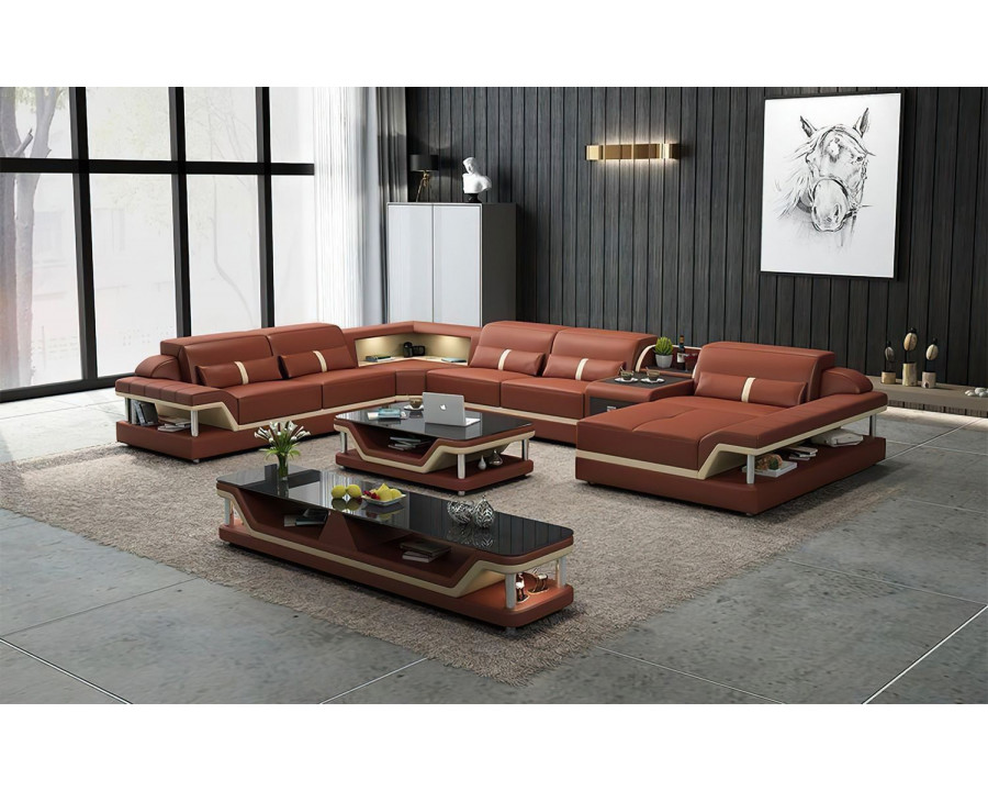 Jubilee Bewley Modern Right Hand Facing Sectional with Storage - Brown/Beige, Top Grain Italian Leather