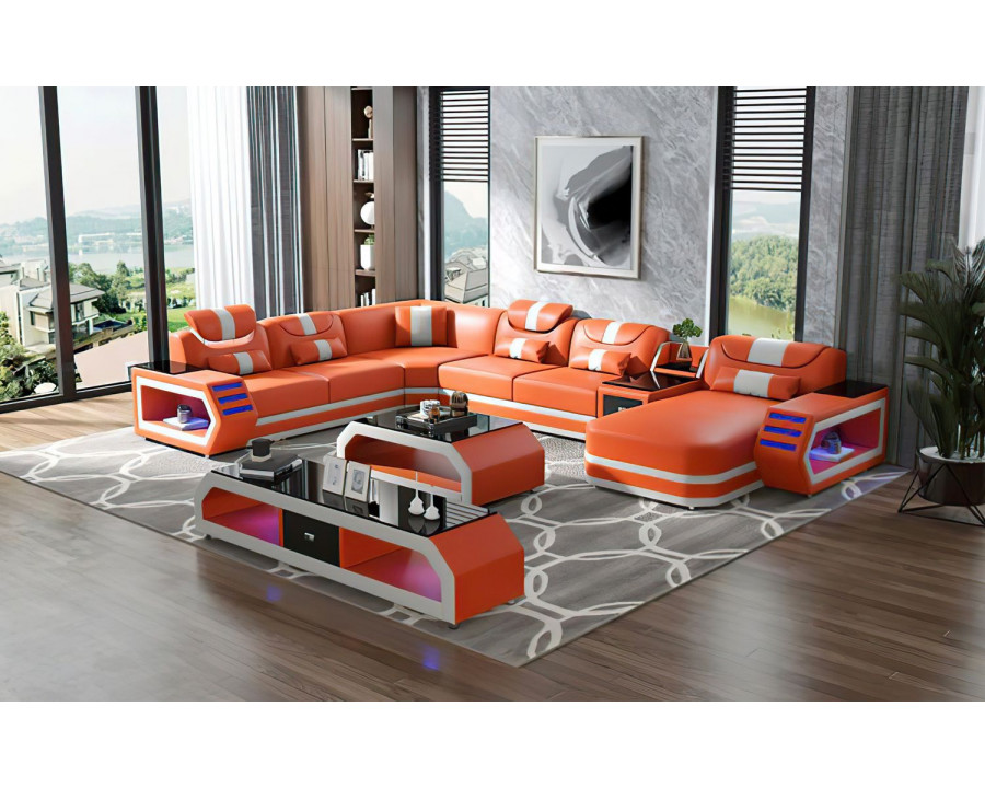 Jubilee Oject Modern Right Hand Facing Sectional with Led - Orange/White, Top Grain Italian Leather