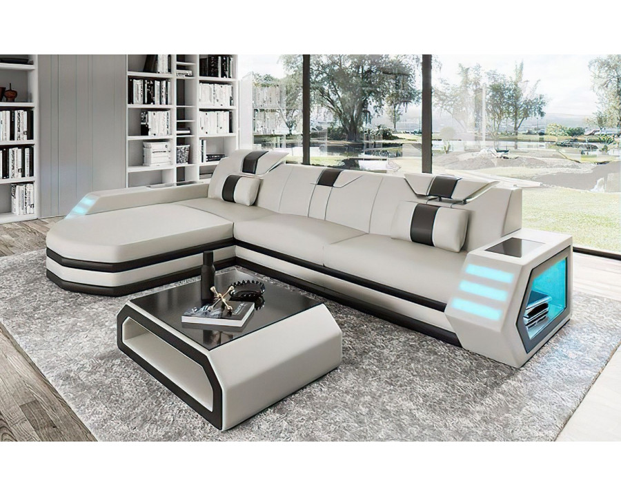 Jubilee Stebbins Modern Left Hand Facing Sectional with Chaise - White/Black, Top Grain Italian Leather