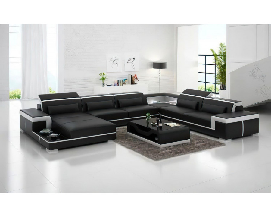 Jubilee Perrault Left Hand Facing Sectional with Adjustable Headrest - Black/White, Top Grain Italian Leather