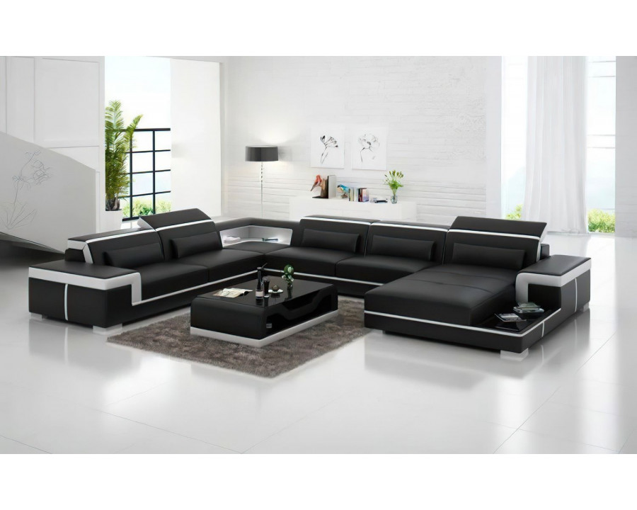 Jubilee Perrault Right Hand Facing Sectional with Adjustable Headrest - Black/White, Top Grain Italian Leather