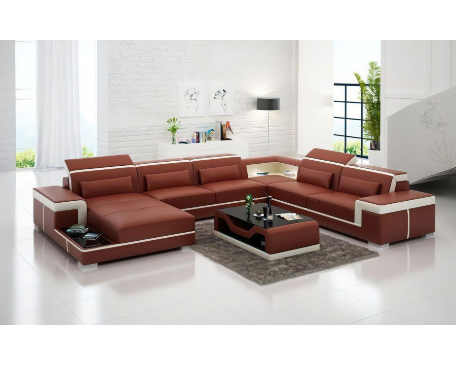 Jubilee Perrault Left Hand Facing Sectional with Adjustable Headrest - Brown/White, Top Grain Italian Leather