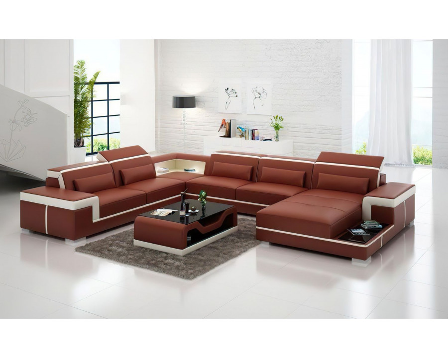 Jubilee Perrault Right Hand Facing Sectional with Adjustable Headrest - Brown/White, Top Grain Italian Leather