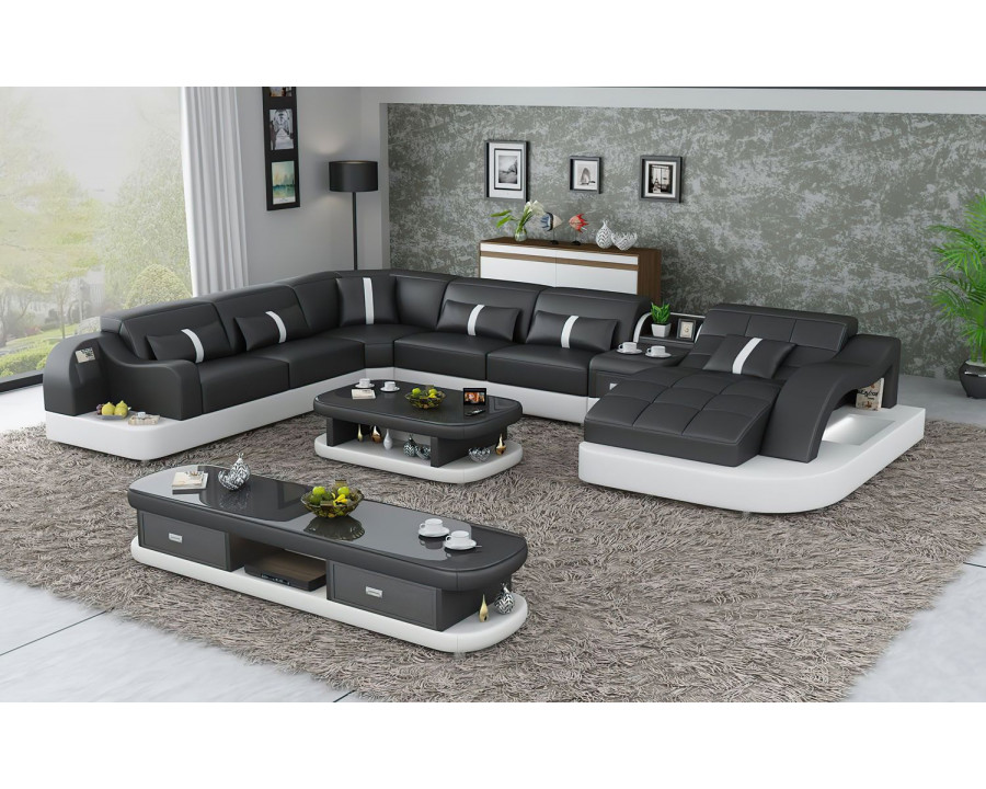 Jubilee Reversible Corner Right Hand Facing Sectional with Led - Black/White, Top Grain Italian Leather