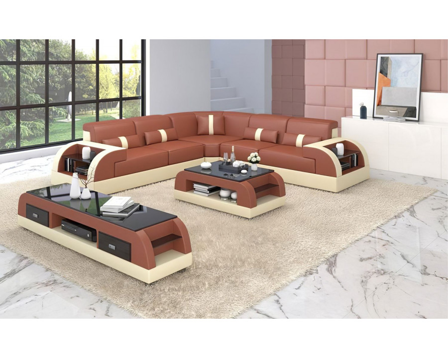 Jubilee Piliu Corner Sectional with Side Storage - Brown/Beige, Top Grain Italian Leather