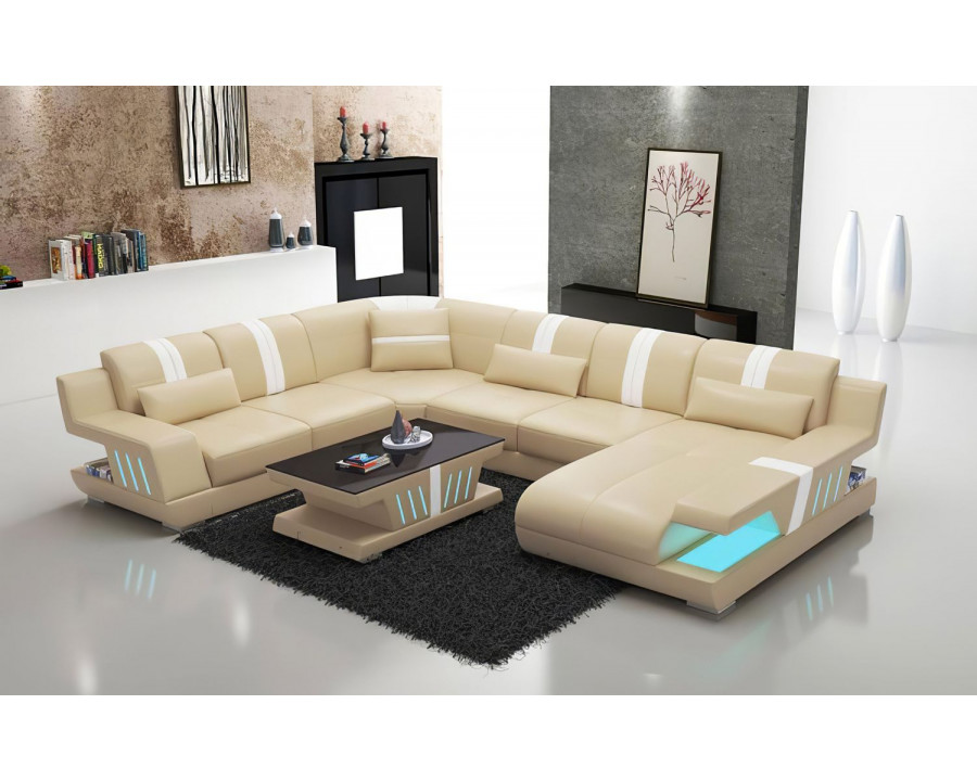 Jubilee Yuli Modern U-Shape Right Hand Facing Sectional - Beige/White, Top Grain Italian Leather