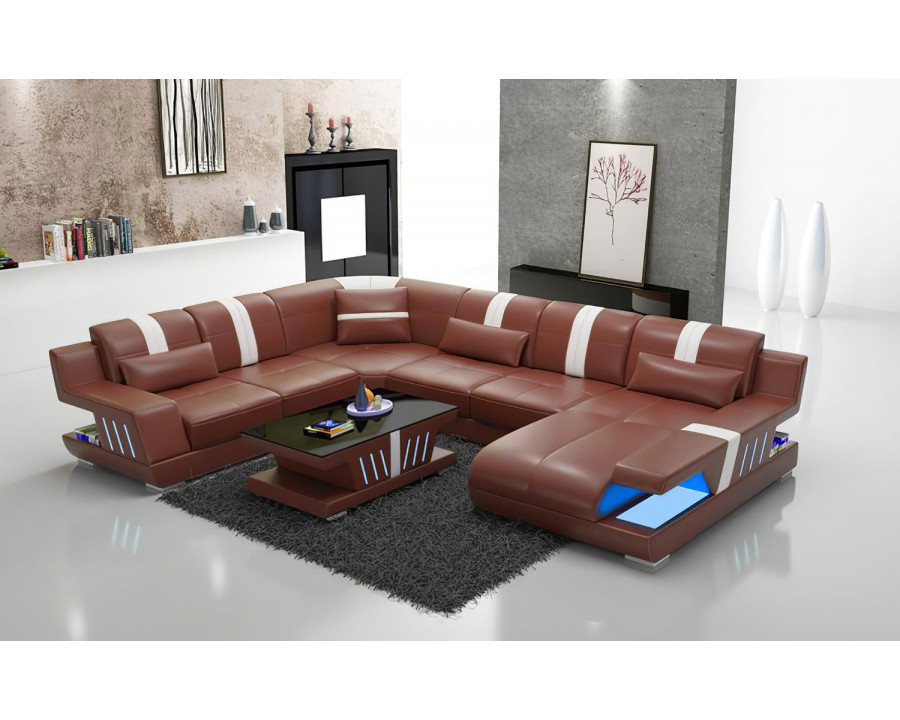 Jubilee Yuli Modern U-Shape Right Hand Facing Sectional - Brown/White, Bonded Leather