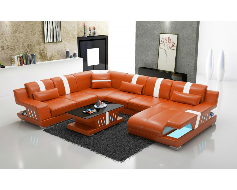 Jubilee Yuli Modern U-Shape Right Hand Facing Sectional - Orange/White, Top Grain Italian Leather