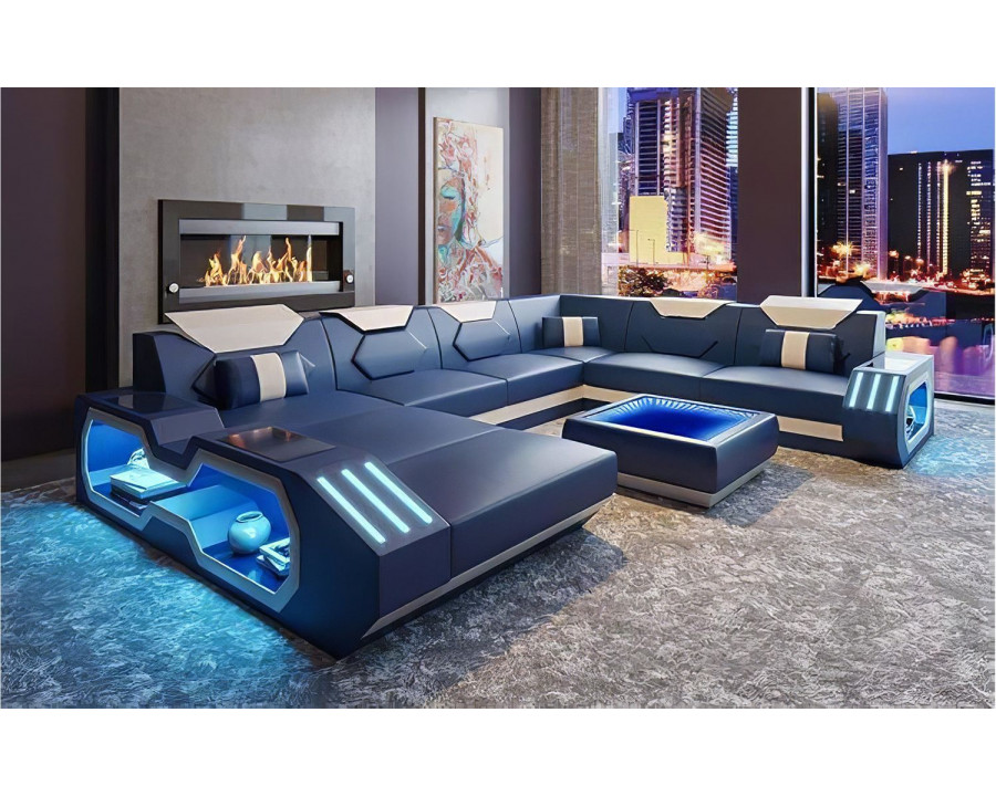 Jubilee Sahara Modern Left Hand Facing Sectional with Led - Blue/White, Bonded Leather