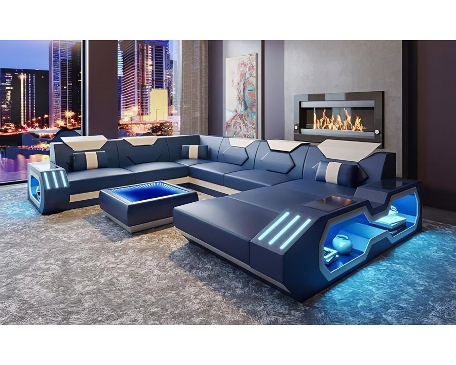 Jubilee Sahara Modern Right Hand Facing Sectional with Led - Blue/White, Bonded Leather