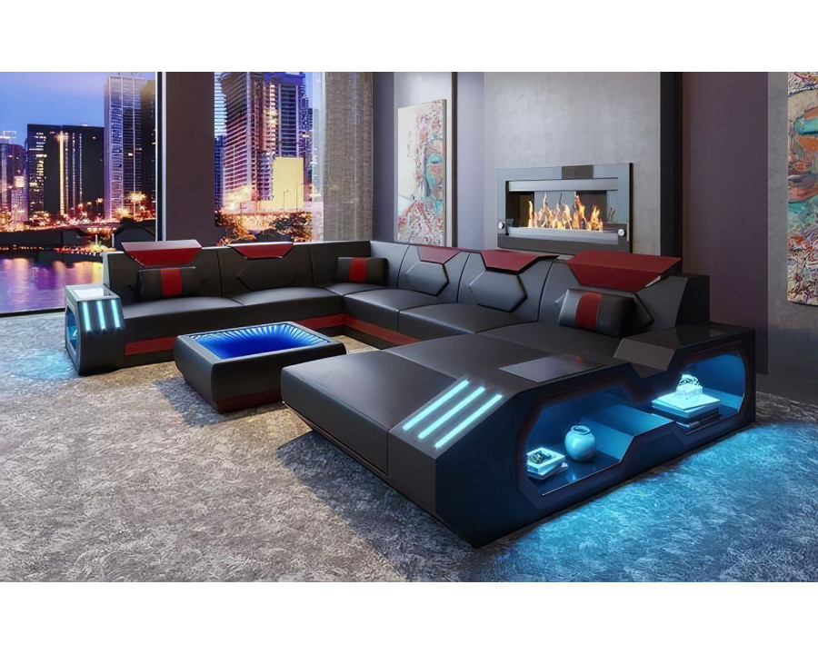 Jubilee Sahara Modern Right Hand Facing Sectional with Led - Black/Red, Bonded Leather