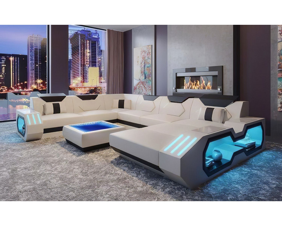 Jubilee Sahara Modern Right Hand Facing Sectional with Led - White/Black, Bonded Leather