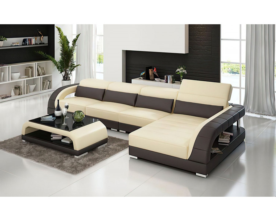 Jubilee Monte Small Modern Left Hand Facing Sectional - Beige/Dark Brown, Top Grain Italian Leather