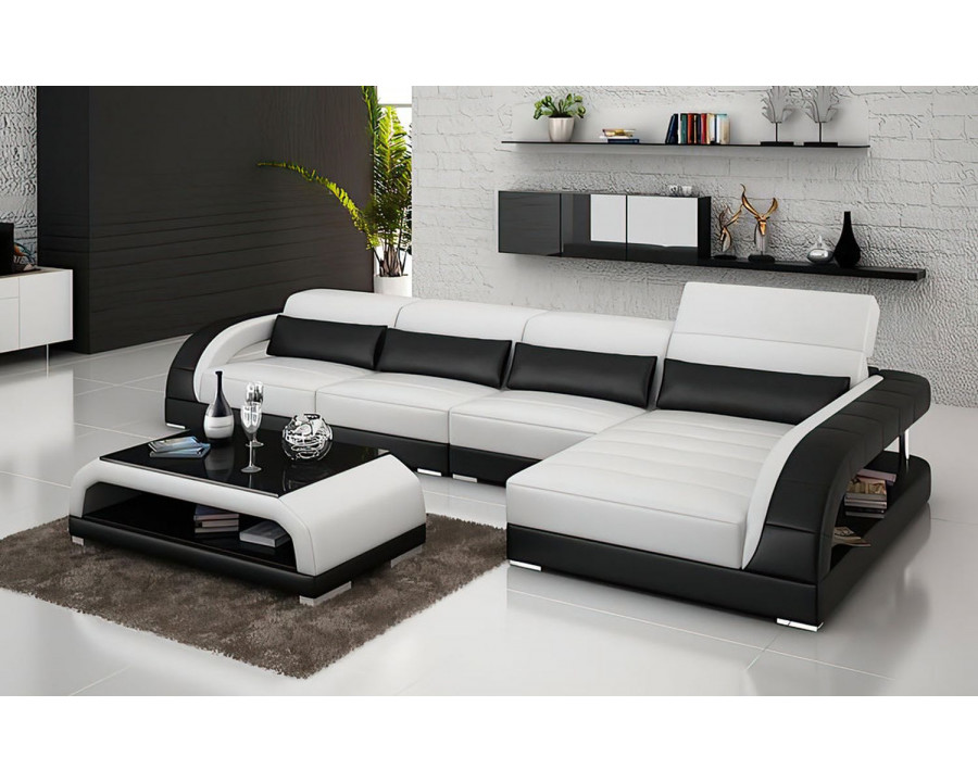 Jubilee Monte Small Modern Left Hand Facing Sectional - White/Black, Top Grain Italian Leather