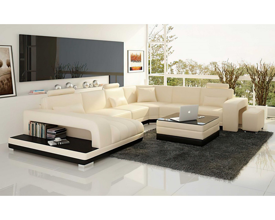 Jubilee Heather Modern U-Shape Left Hand Facing Sectional - Beige/Black, Top Grain Italian Leather