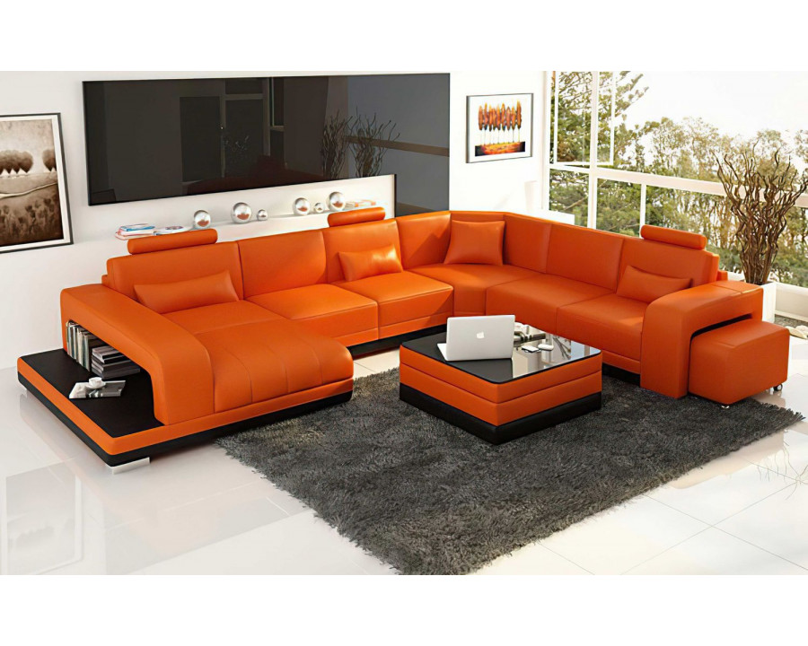 Jubilee Heather Modern U-Shape Left Hand Facing Sectional - Orange/Black, Top Grain Italian Leather