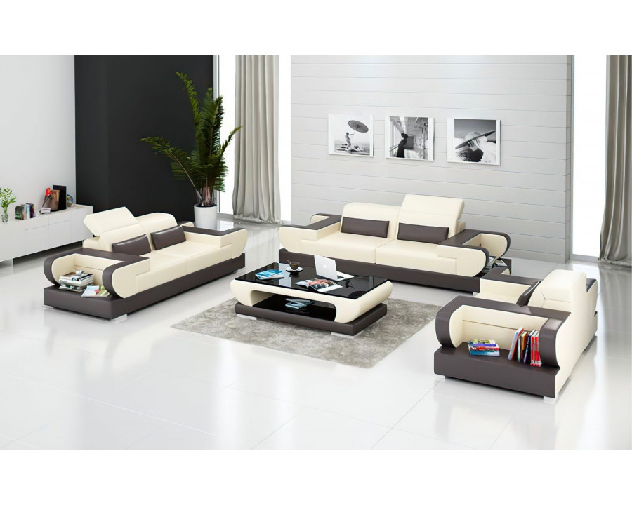 Jubilee Ezrael Modern Sofa Set - Beige/Dark Brown, Top Grain Italian Leather