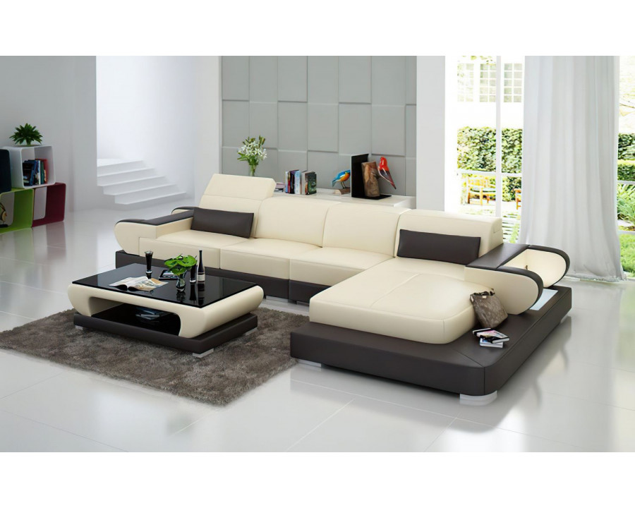 Jubilee Ezrael Small Modern Right Hand Facing Sectional - Beige/Dark Brown, Top Grain Italian Leather