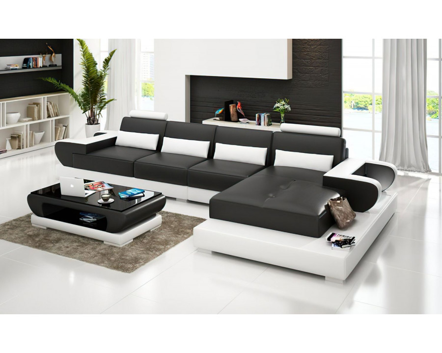 Jubilee Mirak Small Modern Right Hand Facing Sectional - Black/White, Top Grain Italian Leather