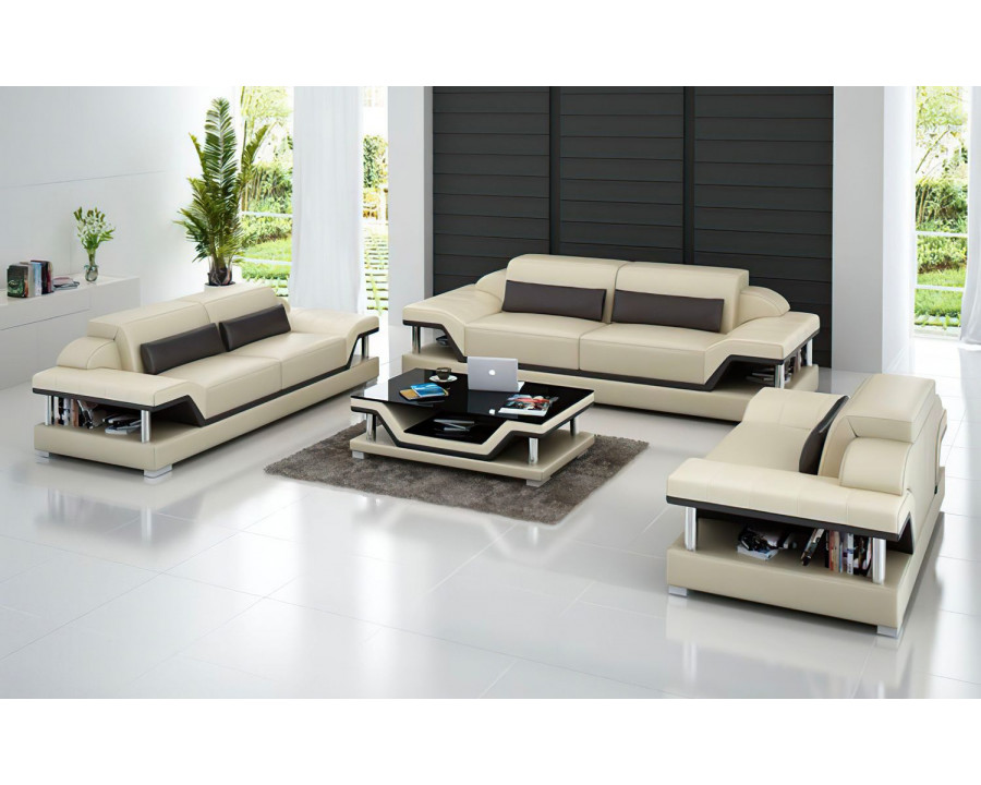 Jubilee Taliya Sofa Set with Adjustable Headrest - Beige/Dark Brown, Top Grain Italian Leather