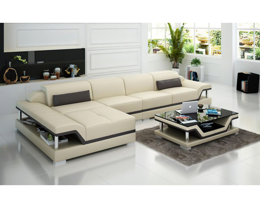 Jubilee Taliya Small Modern Left Hand Facing Sectional - Beige/Dark Brown, Top Grain Italian Leather