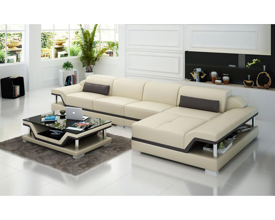 Jubilee Taliya Small Modern Right Hand Facing Sectional - Beige/Dark Brown, Top Grain Italian Leather