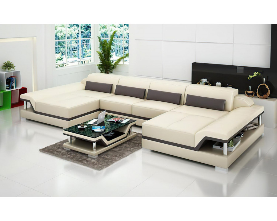 Jubilee Taliya Small Modern U-Shape Sectional - Beige/Dark Brown, Top Grain Italian Leather