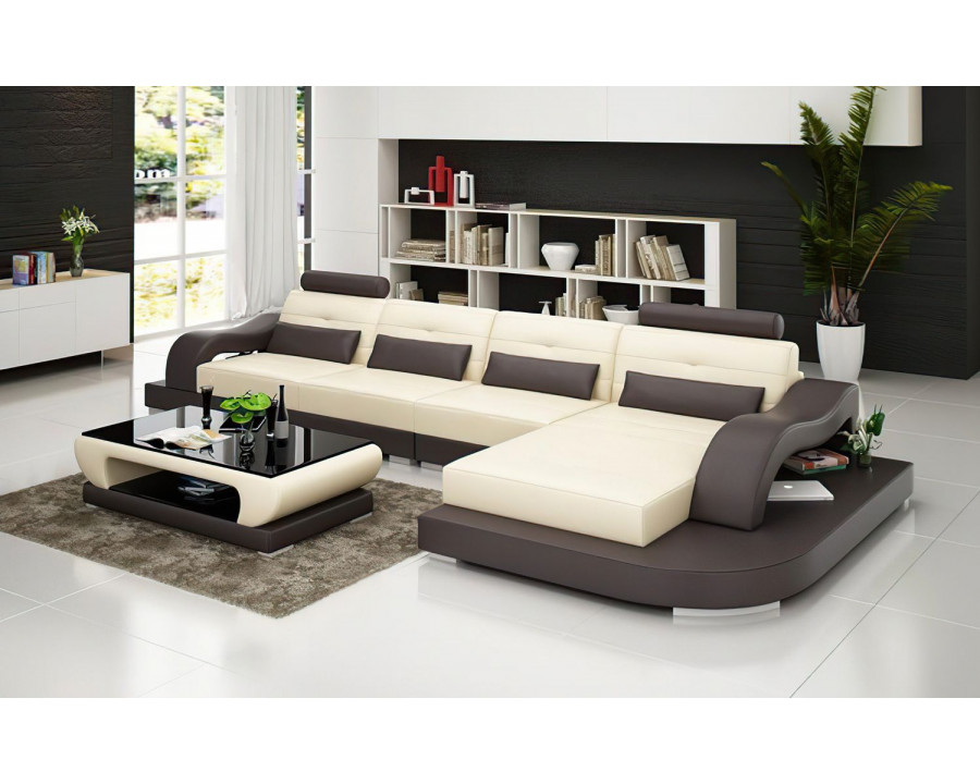 Jubilee Nebula Small Modern Right Hand Facing Sectional - Beige/Dark Brown, Top Grain Italian Leather