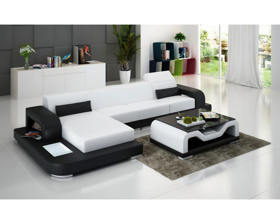 Jubilee Gara Small Modern Left Hand Facing Sectional - White/Black, Top Grain Italian Leather