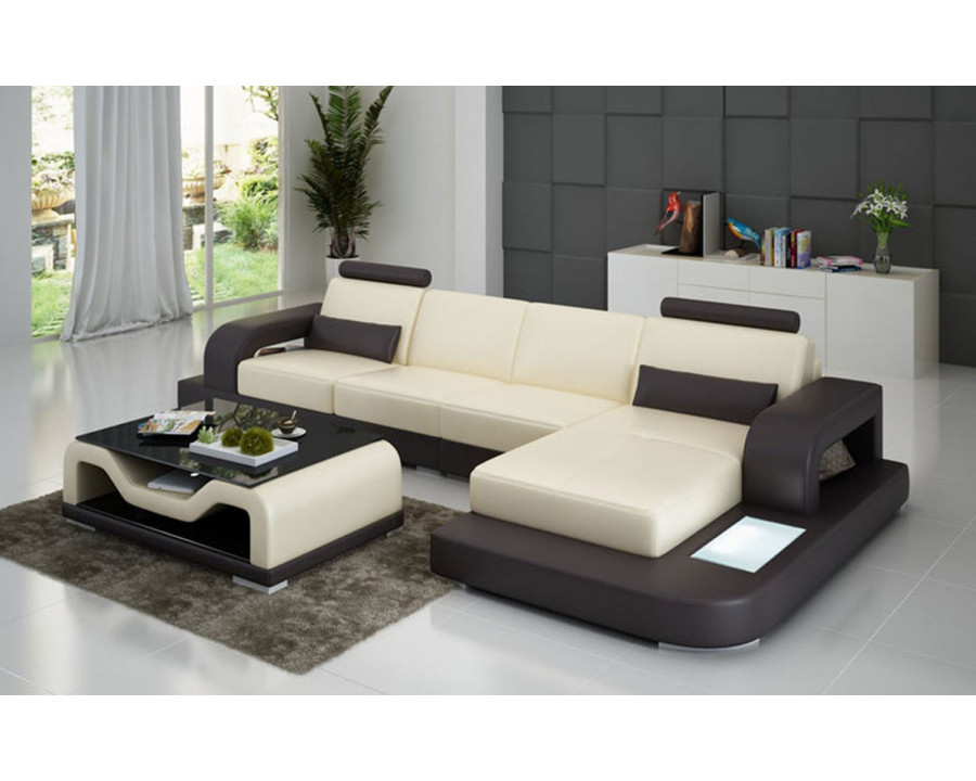 Jubilee Tara Small Modern Right Hand Facing Sectional - Beige/Dark Brown, Top Grain Italian Leather