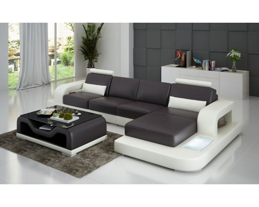 Jubilee Tara Small Modern Right Hand Facing Sectional - Dark Brown/White, Top Grain Italian Leather