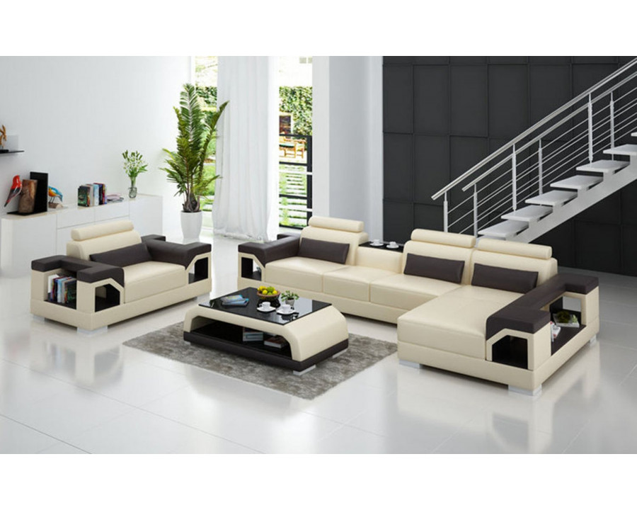 Jubilee Talos Small Modern Right Hand Facing Sectional with Armrest Chair - Beige/Dark Brown, Bonded Leather