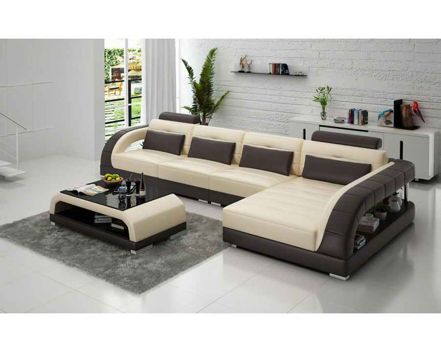 Jubilee Lacus Small Modern Left Hand Facing Sectional - Beige/Dark Brown, Top Grain Italian Leather