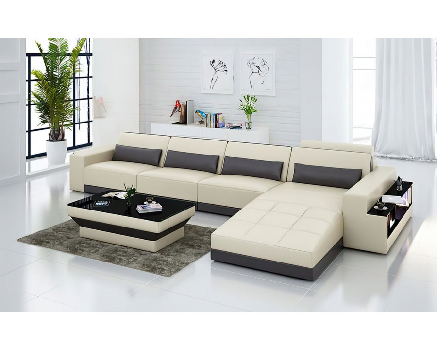 Jubilee Silian Small Modern Left Hand Facing Sectional - Beige/Dark Brown, Top Grain Italian Leather