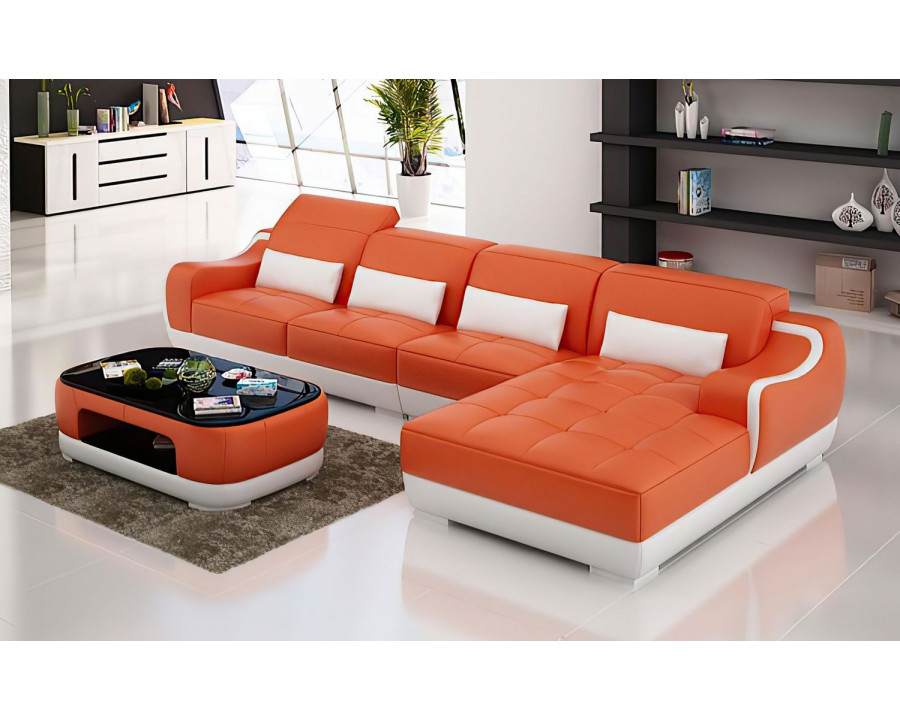 Jubilee Amir Small Modern Left Hand Facing Sectional with Tufted Chaise - Orange/White, Bonded Leather