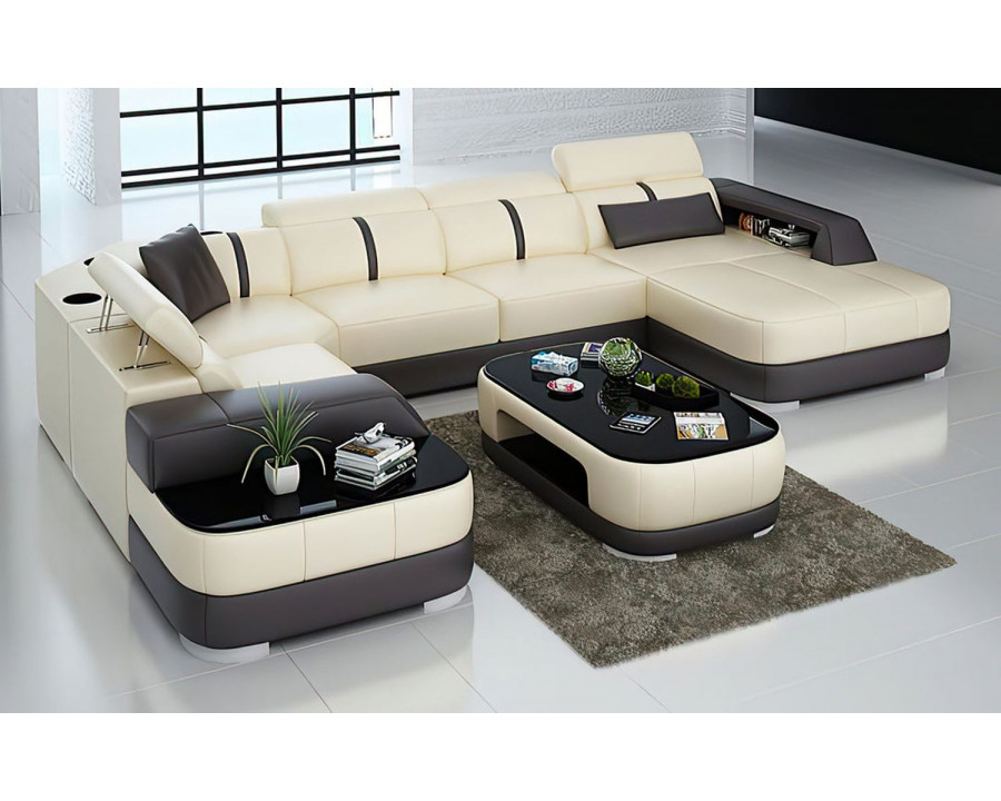 Jubilee Grimdale Modern U-Shape Left Hand Facing Sectional - Beige/Dark Brown, Bonded Leather