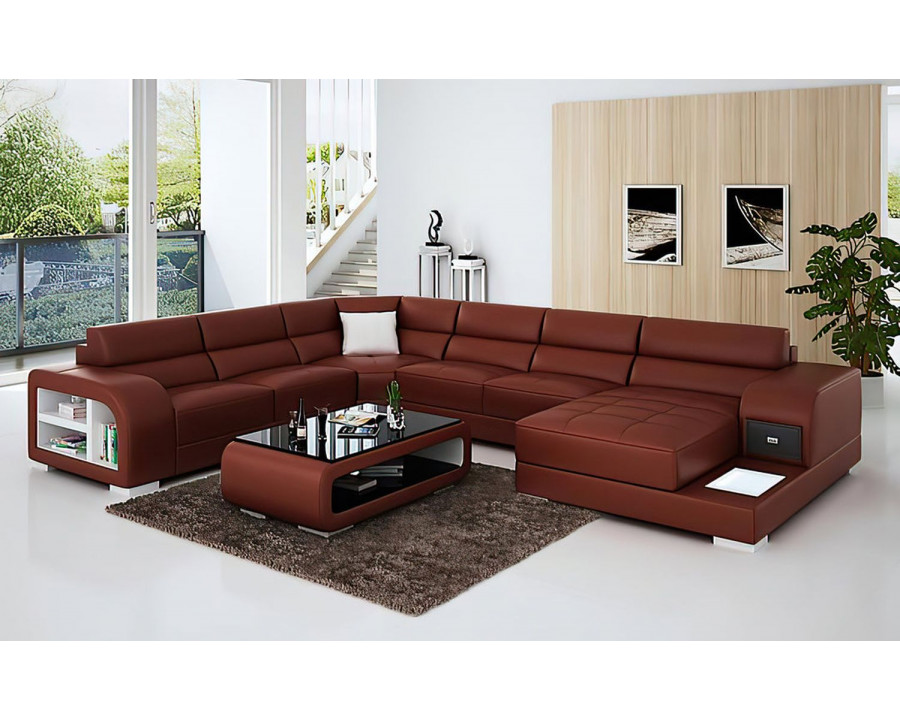 Jubilee Poris Modern U-Shape Left Hand Facing Sectional with Led - Brown/White, Bonded Leather