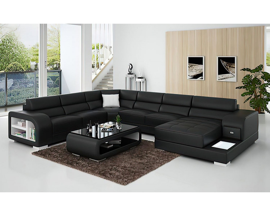 Jubilee Poris Modern U-Shape Left Hand Facing Sectional with Led - Black/White, Bonded Leather