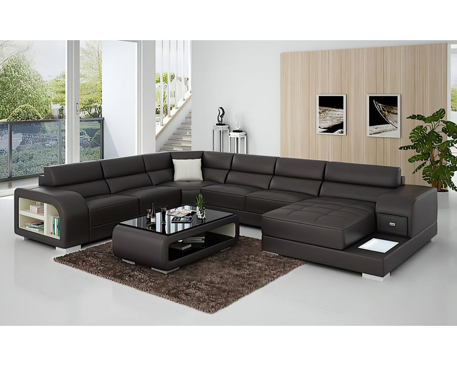 Jubilee Poris Modern U-Shape Left Hand Facing Sectional with Led - Dark Brown/White, Bonded Leather