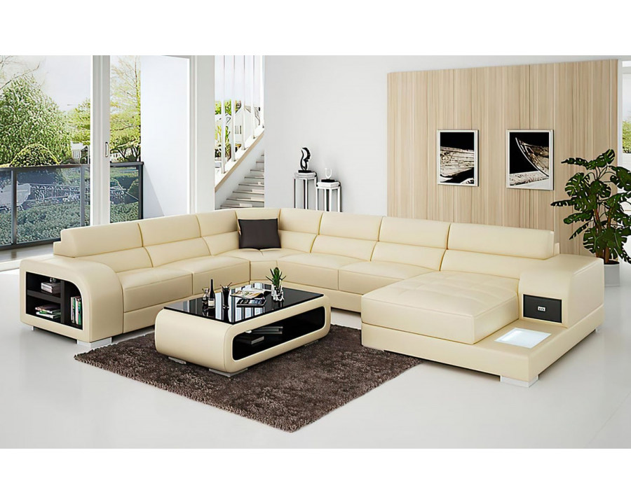 Jubilee Poris Modern U-Shape Left Hand Facing Sectional with Led - Beige/Dark Brown, Bonded Leather