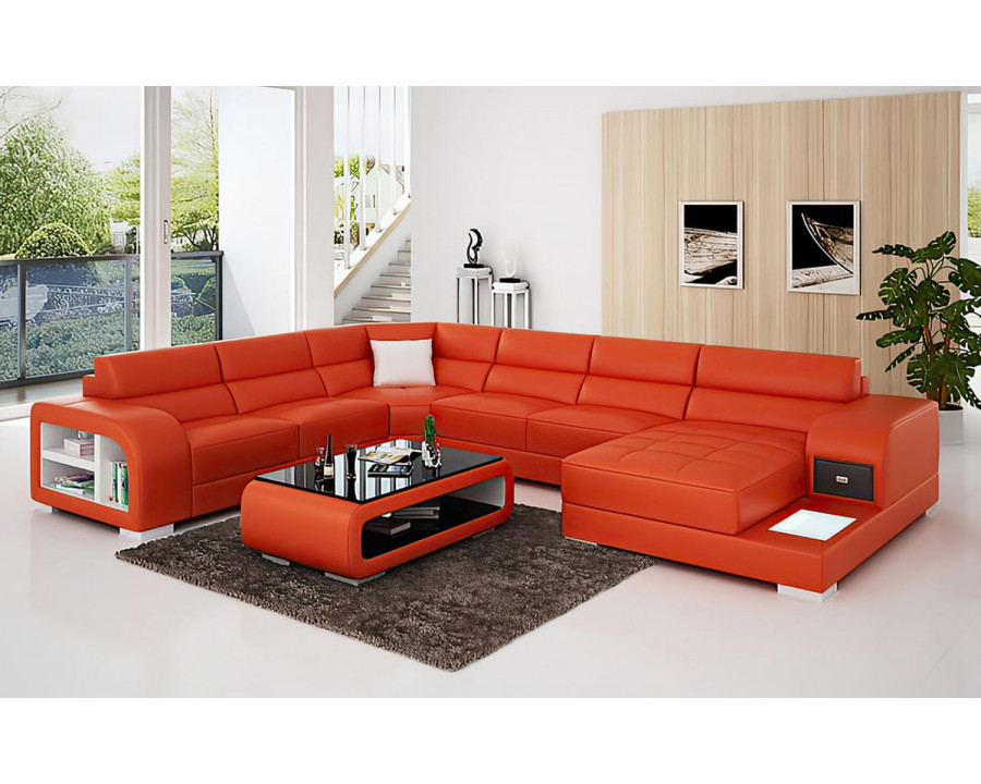 Jubilee Poris Modern U-Shape Left Hand Facing Sectional with Led - Orange/White, Bonded Leather