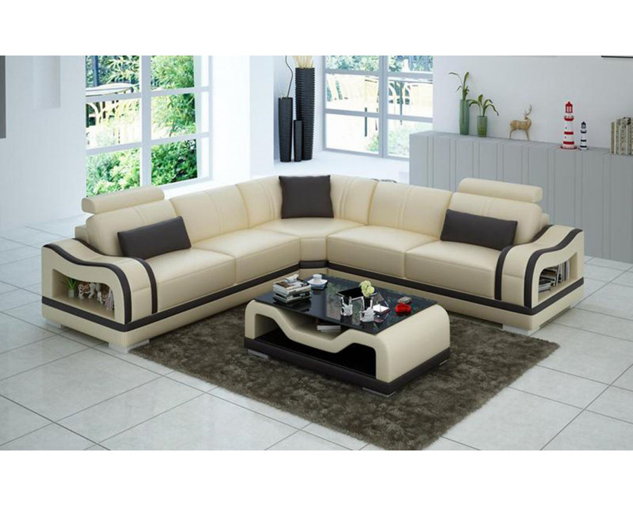 Jubilee Asland Modern Sectional - Beige/Dark Brown, Top Grain Italian Leather