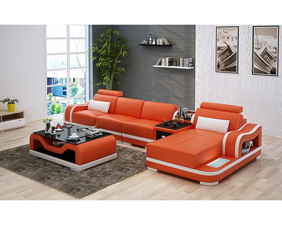 Jubilee Asland Small Modern Right Hand Facing Sectional - Orange/White, Top Grain Italian Leather