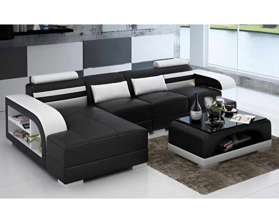 Jubilee Eleese Small Modern Left Hand Facing Sectional - Black/White, Top Grain Italian Leather