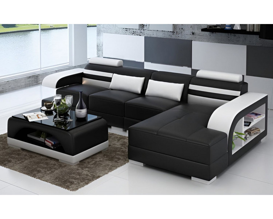 Jubilee Eleese Small Modern Right Hand Facing Sectional - Black/White, Top Grain Italian Leather