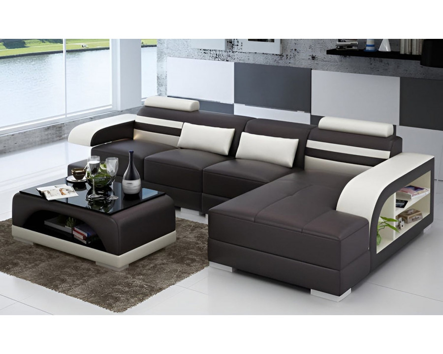 Jubilee Eleese Small Modern Left Hand Facing Sectional - Dark Brown/White, Top Grain Italian Leather