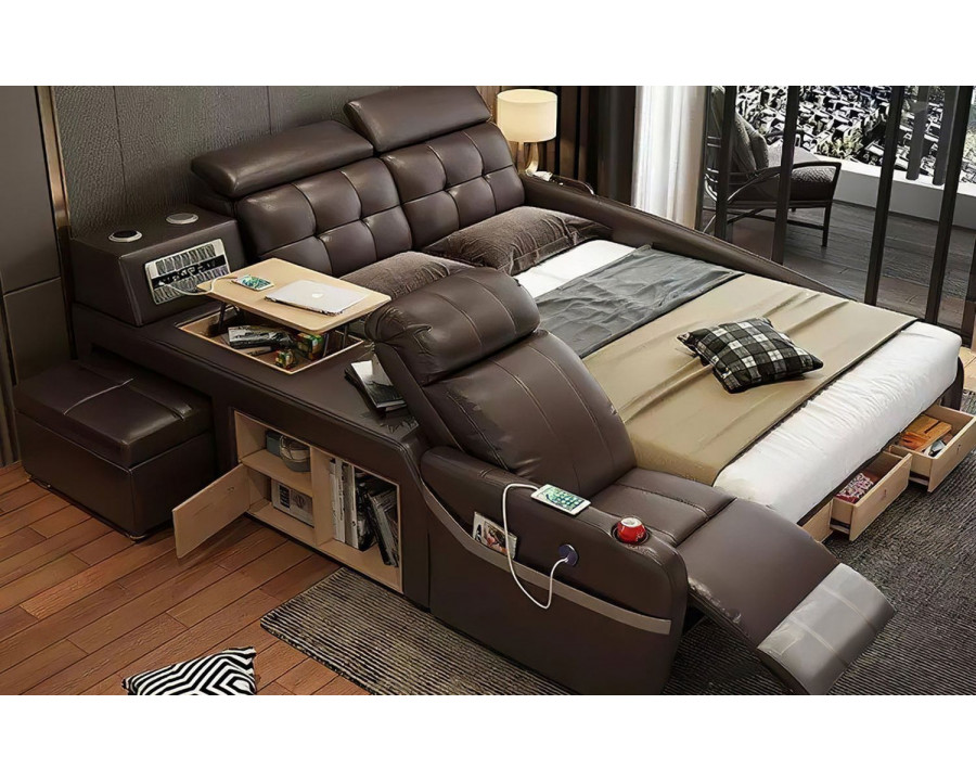 Jubilee Monica Multifunctional Smart Queen Size Left Hand Facing Bed - Dark Brown, Bonded Leather